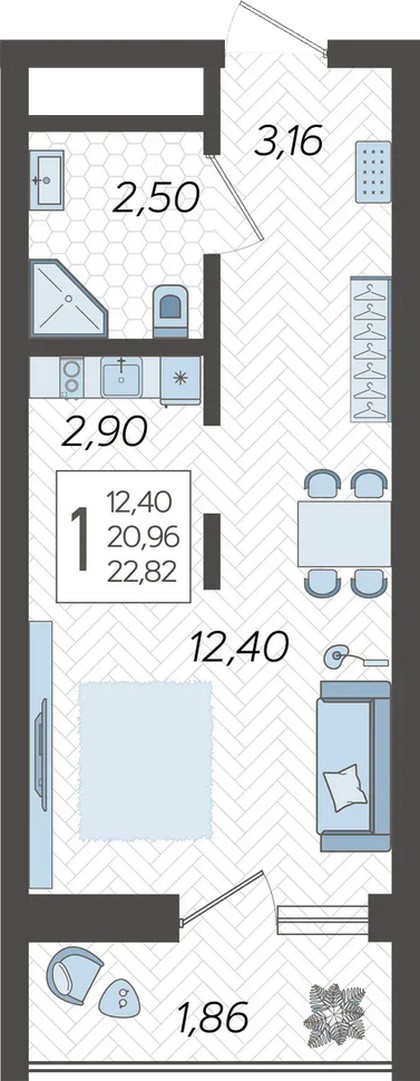 Планировка Студия 22.8 м²
