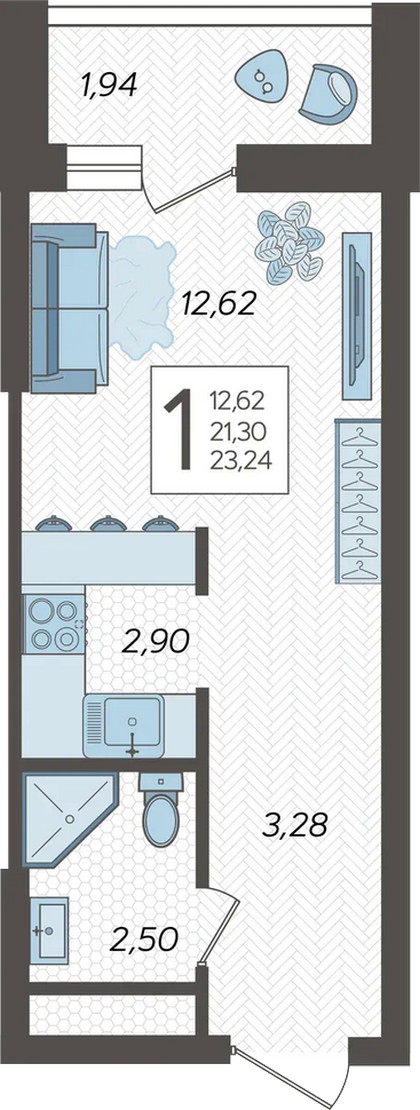 Планировка Студия 23.4 м²