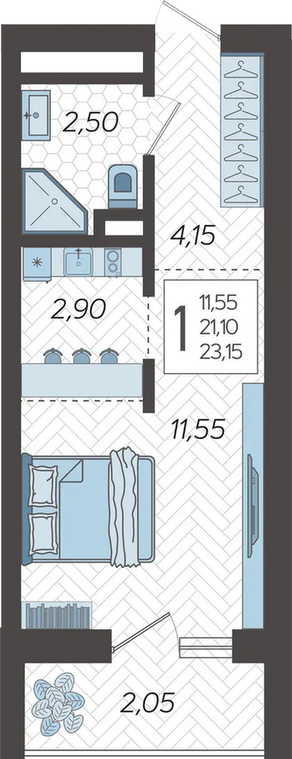 Планировка Студия 23.7 м²