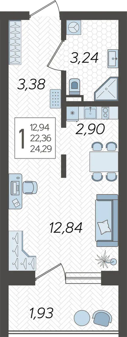 Планировка 1-комнатная 25.0 м²