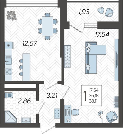 Планировка 1-комнатная 38.1 м²