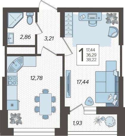 Планировка 2-комнатная 39.2 м²