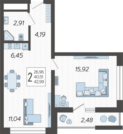 Планировка 2-комнатная 42.9 м²