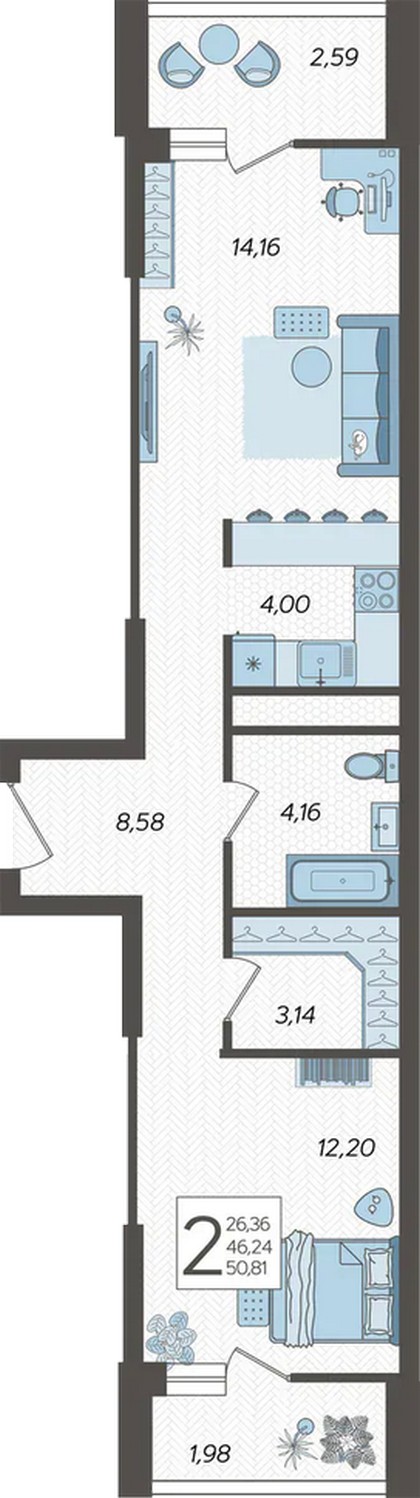 Планировка 3-комнатная 51.8 м²