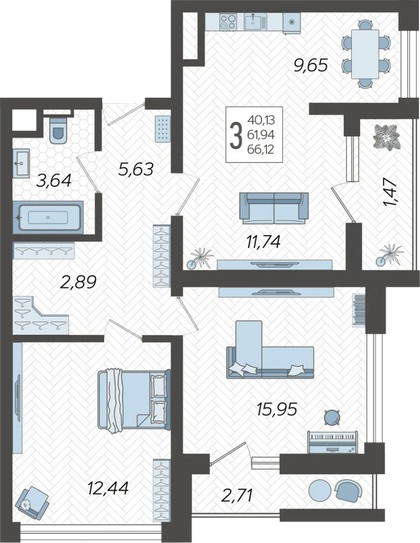 Планировка 3-комнатная 66.1 м²